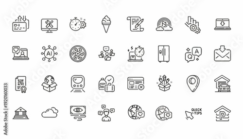 Collection of various line icons depicting business and technology symbols