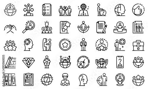 Various business icons and symbols arranged on a plain white surface for JSD 55 ai reference