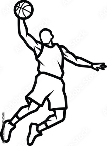 Stylized black and white line art graphic depicts a strong basketball player soaring through the air preparing for a powerful slam dunk shot.