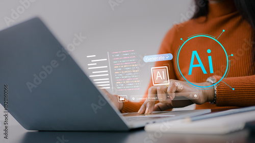 Tableau sur toile Close up of woman using laptop with AI generative technology interface