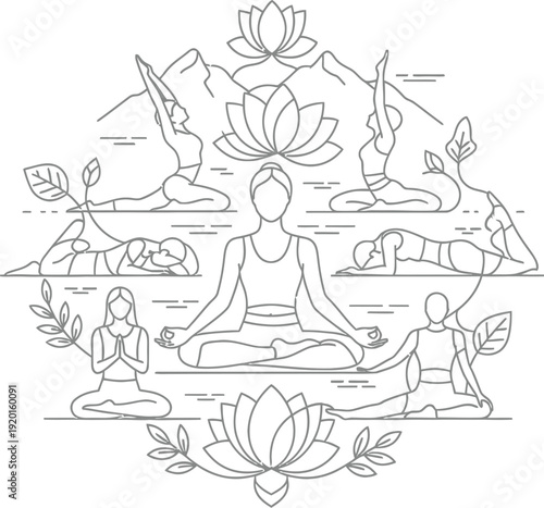 Collection of line art illustrations depicting various yoga poses and mindful meditation practices surrounding central lotus flowers and subtle nature elements