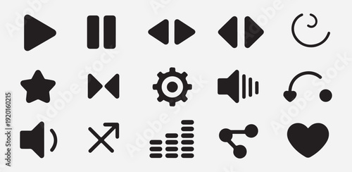 Vector media player control symbols with unique circular progress indicators and social sharing interface icons