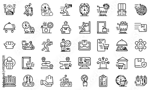 A collection of various line icons depicting business and technology concepts on a white background.