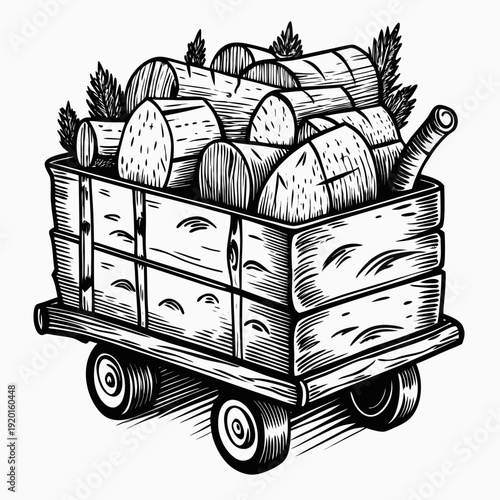 Wooden cart filled with logs on wheels