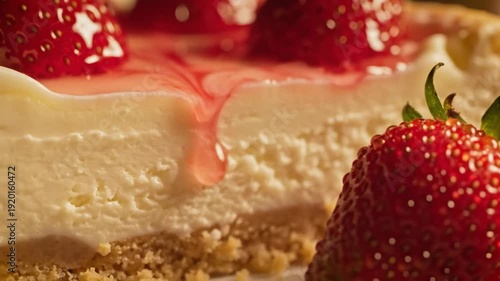 Fresh strawberry cheesecake slice with velvety cream and glossy strawberry glaze draped over smooth surface