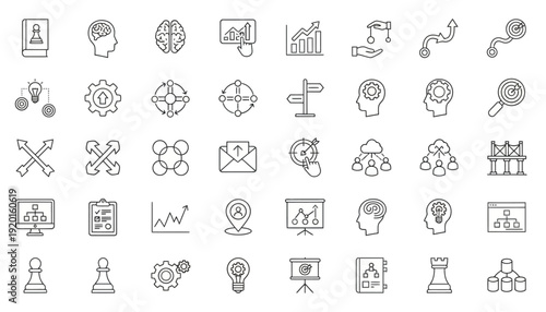 Collection of various business and technology icons in a grid layout with multiple rows