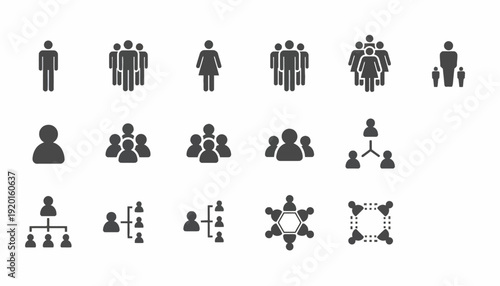 A collection of diverse people icons and illustrations in various group settings and poses on a plain background