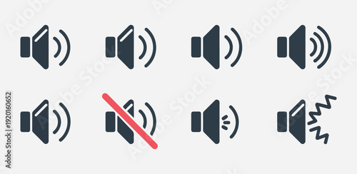 Volume control icons with sound waves indicating different levels mute option and amplified audio signals