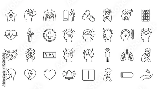 Medical icons depict various human body parts and health symbols in a graphic illustration.