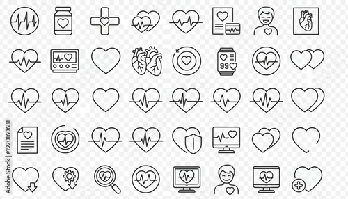 Various medical icons featuring hearts and health symbols are displayed