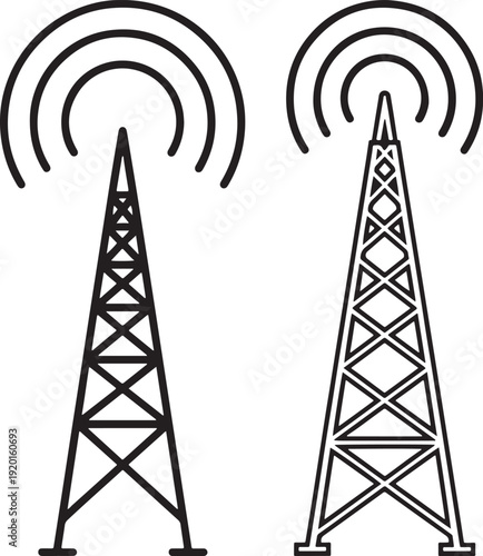 Pair of communication towers with signal waves, symbolizing telecommunication, broadcasting, and connectivity in a clean vector style.