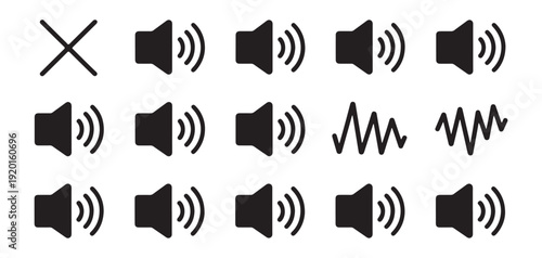 Audio waves and sound volume levels, collection of vector icons showcasing various audio settings and signals