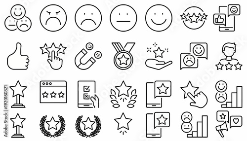 Illustrations of various rating and feedback icons are shown on a digital interface