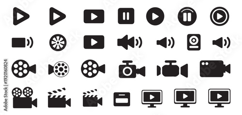 Collection of media player control icons, including play, pause, record, camera, and film related symbols