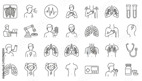 Medical icons depict healthcare professionals examining lungs and heart in clinic