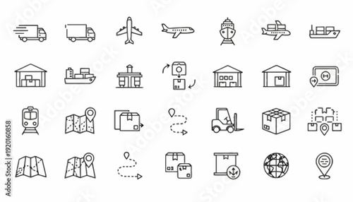 Various transportation and logistics icons are displayed in a grid.
