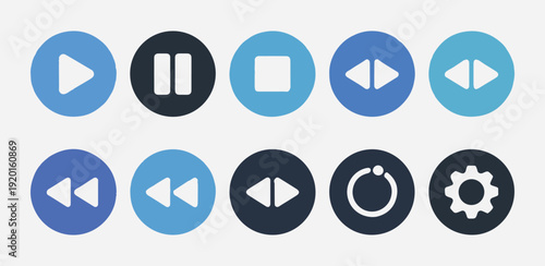 Circular media player control icons including play pause stop rewind fast forward and settings button