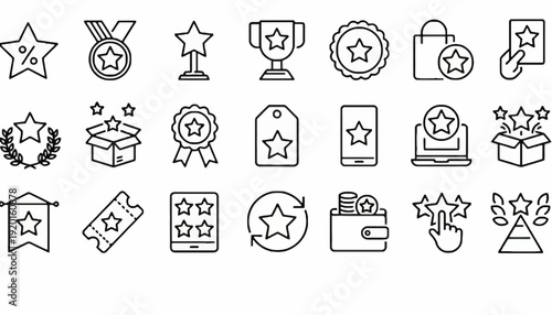 A collection of star icons and awards symbols on a white background with various illustrations