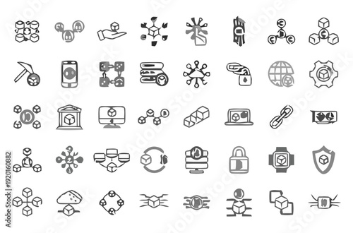 A collection of various technology and business icons are shown.