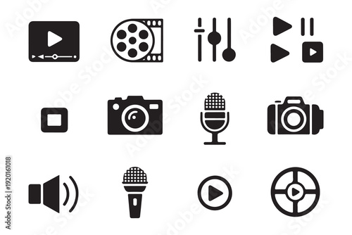 Diverse media and sound related icons, including video player, camera, microphone, and volume controls