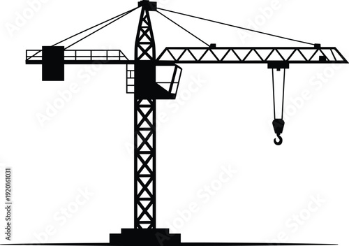 Black silhouette of a tower crane with a hook against a white background construction
