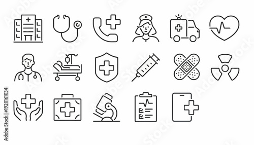 Medical icons depict healthcare symbols and signs on white background JSD 163