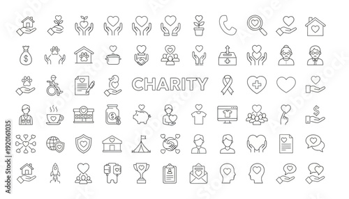 A collection of charity icons featuring people, hearts, and hands in a simple line style for JSD (164).ai