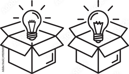 Open cardboard box with a glowing light bulb inside, symbolizing a new idea, innovation, or brilliant concept in a clean outline style.