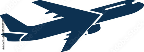 Dark blue silhouette of a passenger airplane taking off against a white background