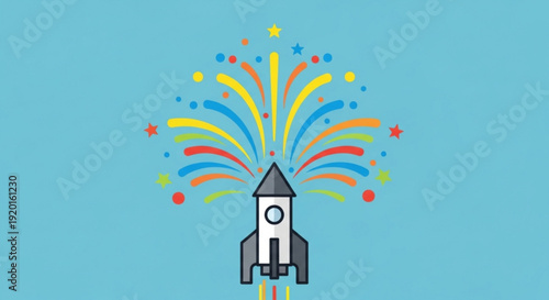 Rocket ship blasting off with colorful fireworks explosion on blue background symbolizing success and celebration