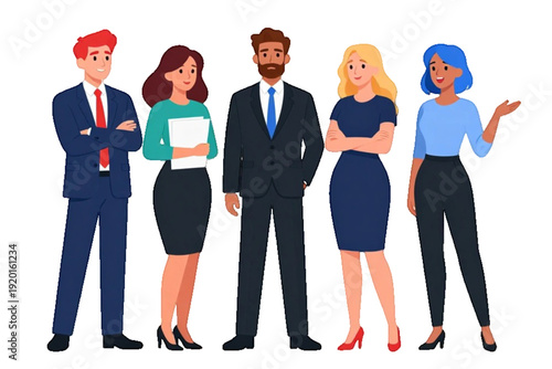 Diverse business team of professional colleagues standing together in office attire on transparent Background. Group of successful business people, diverse corporate team flat vector illustration.