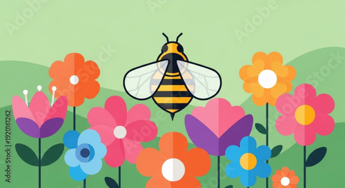 Colorful bee flying over vibrant flowers in a lush green garden with blooming plants and a sunny background