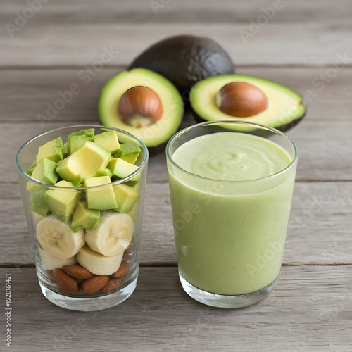 Avocado smoothie ingredients in glasses on wooden table with bananas almonds and avocados