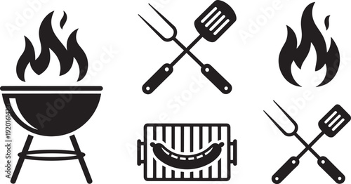 Black BQ and cooking on white background grill fire flames spatula