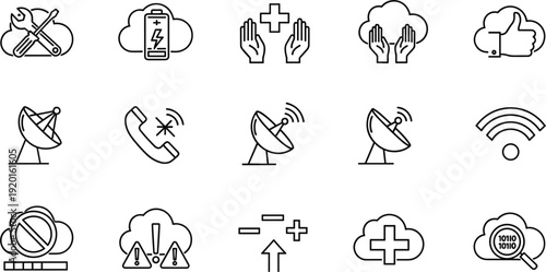  Minimalist Line Art Connectivity and Network Icons Vector Set with WiFi Cloud Satellite Phone Signal Issues Troubleshooting Plus Minus and Support Hands for Tech IT Dashboard Designs