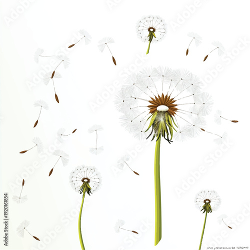 Three Dandelions with Seeds Blowing in the Wind