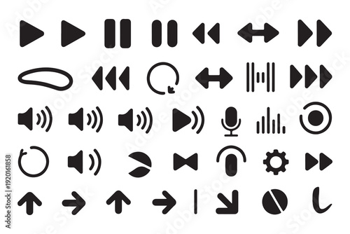 Comprehensive set of icons representing audio and video playback functions for multimedia applications