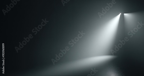 Dramatic illumination of space. Light beams emanate from a source casting shadows on a floor and walls