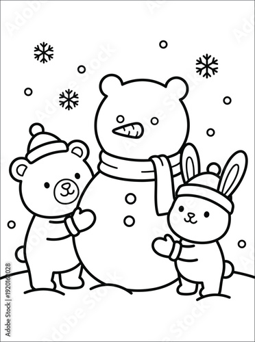 Cute Bear and Bunny Making Snowman Coloring Page