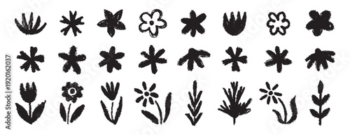 Grunge trendy doodle flowers leaves set. Hand drawn brush flowers crayon, chalk texture. Flowers textured collection