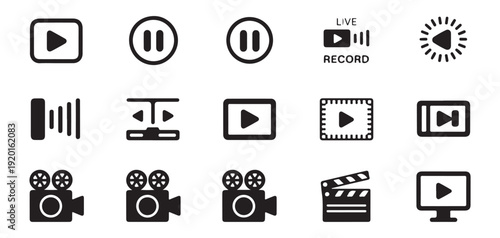 Video production equipment icons with camera monitor film slate and various playback window frames for design