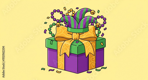 Mardi gras gift box with jester hat and beads on yellow background festive purple and green present with gold bow celebrating carnival or fat tuesday