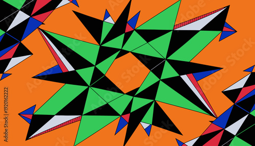 Vibrant geometric pattern with colorful triangles on orange background
