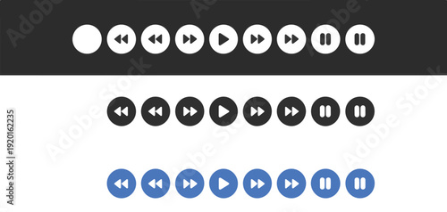 Round media player control buttons in multiple colors including white black and blue for interface development