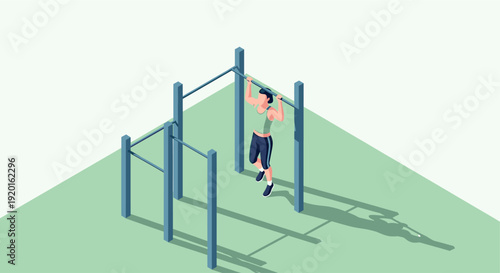 An isometric vector illustration of a woman performing pull-ups on outdoor playground equipment. Suitable for fitness, exercise, workout, and healthy lifestyle themes.