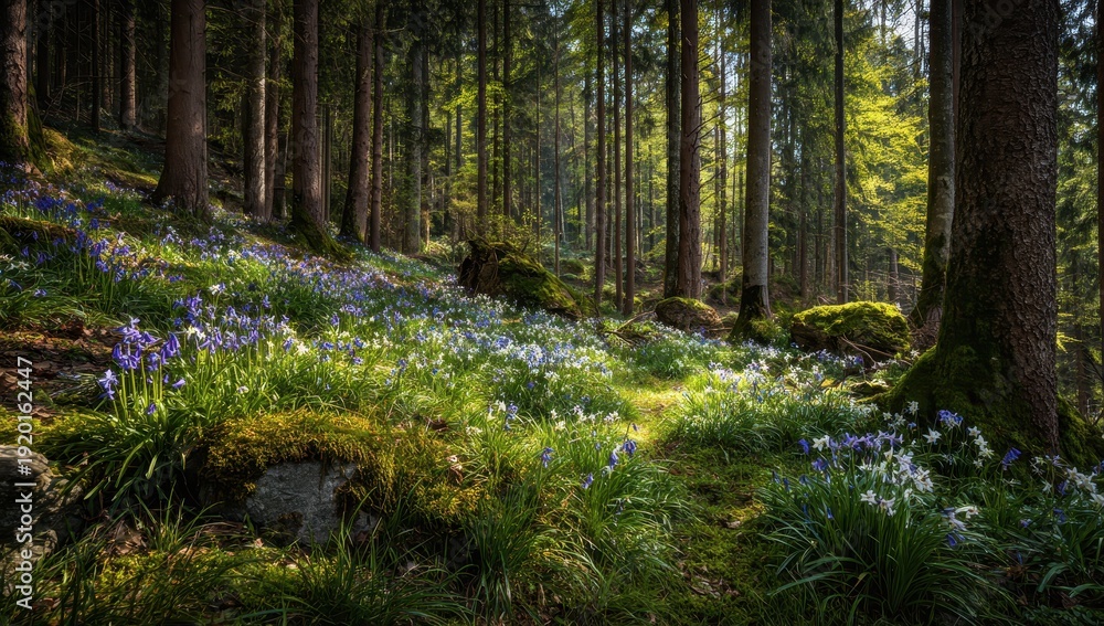 Fototapeta premium Magical Forest Path Illuminated by Golden Sunlight, Adorned with Spring Wildflowers.