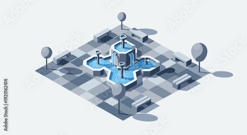 Isometric illustration of a peaceful plaza featuring a tiered fountain, benches, trees, and checkered ground. Modern design for architecture, city planning, and landscape concepts.