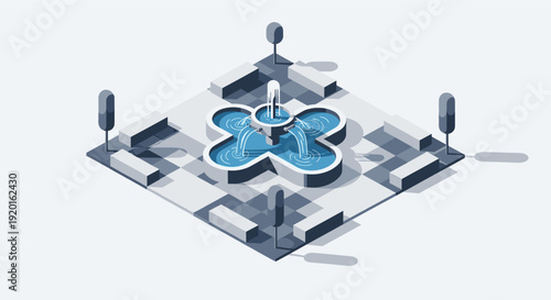 Isometric vector rendering of a public park, featuring a water fountain and trees. Useful for infographics, maps, architectural plans, and website design.