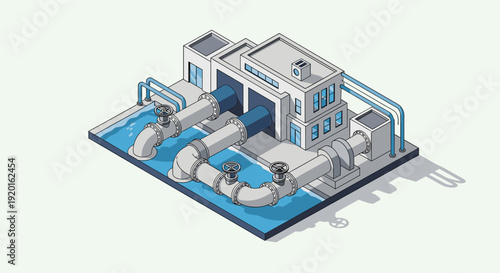 Isometric style illustration of a water treatment plant with pipes, valves, and a building. Ideal for infrastructure, engineering, or utility concepts.