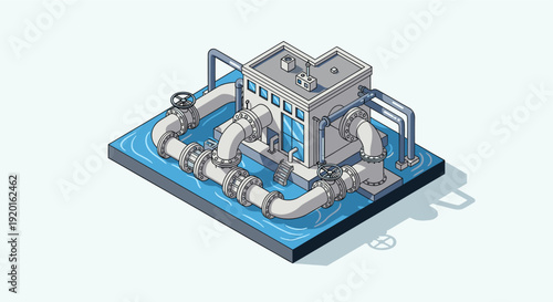 Isometric vector illustration of a water treatment plant or pumping station. Ideal for illustrating infrastructure, environmental concerns, or city planning projects.